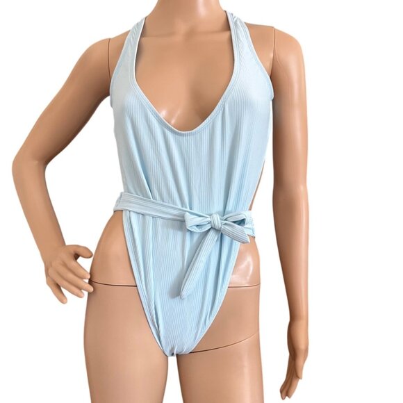 Lunar One Piece Swimsuit Size Medium Tie Waist Racerback Design Ris-K Beach Blue - Picture 1 of 9